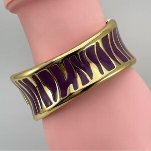 Vintage Inspired Gold-Tone Purple Enamel Zebra Print Hinged Bangle Bracelet